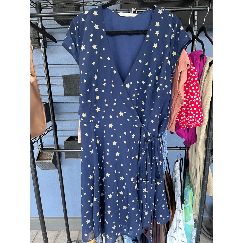 Wayward Fancies eShakti Navy Blue Star Print Wrap Dress Pockets Size L 14